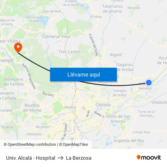 Univ. Alcalá - Hospital to La Berzosa map