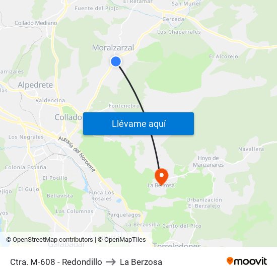 Ctra. M-608 - Redondillo to La Berzosa map