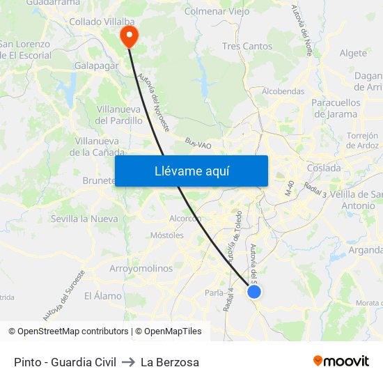 Pinto - Guardia Civil to La Berzosa map