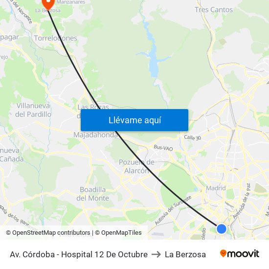 Av. Córdoba - Hospital 12 De Octubre to La Berzosa map