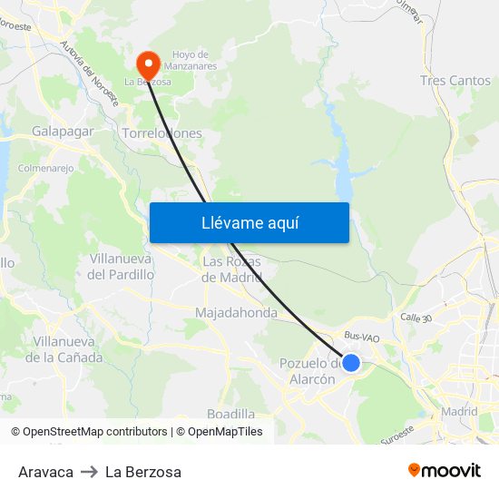 Aravaca to La Berzosa map