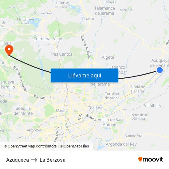 Azuqueca to La Berzosa map