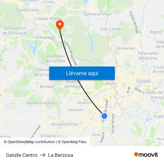 Getafe Centro to La Berzosa map