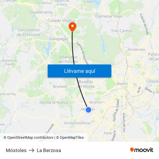 Móstoles to La Berzosa map