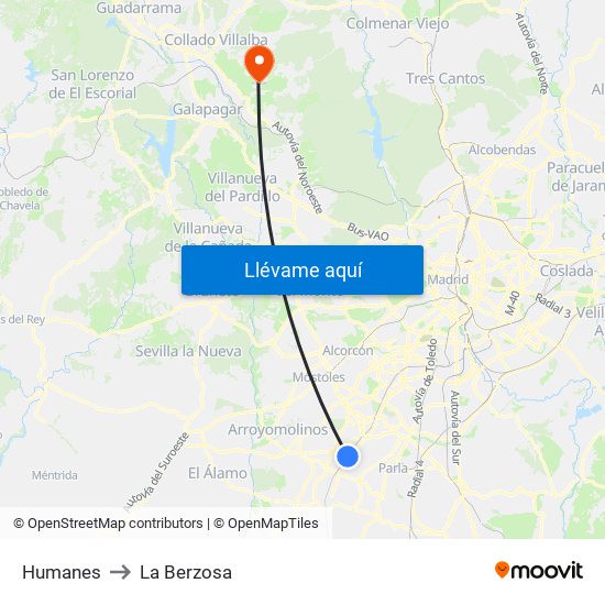Humanes to La Berzosa map
