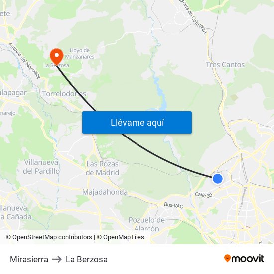 Mirasierra to La Berzosa map