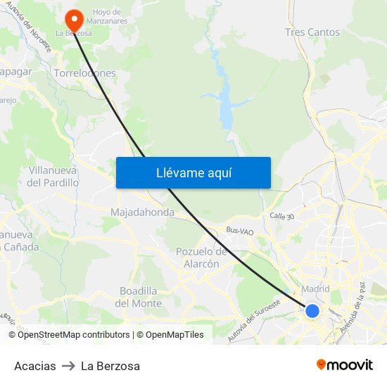 Acacias to La Berzosa map