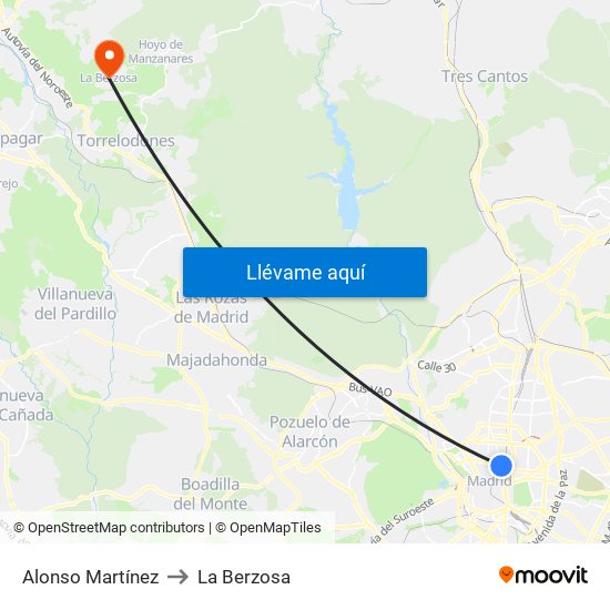 Alonso Martínez to La Berzosa map