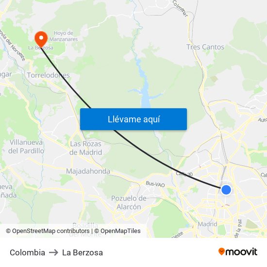 Colombia to La Berzosa map