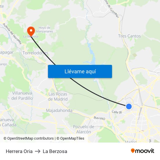 Herrera Oria to La Berzosa map
