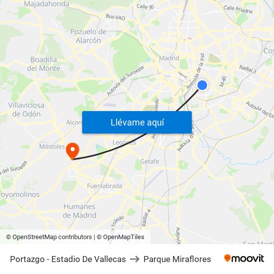 Portazgo - Estadio De Vallecas to Parque Miraflores map