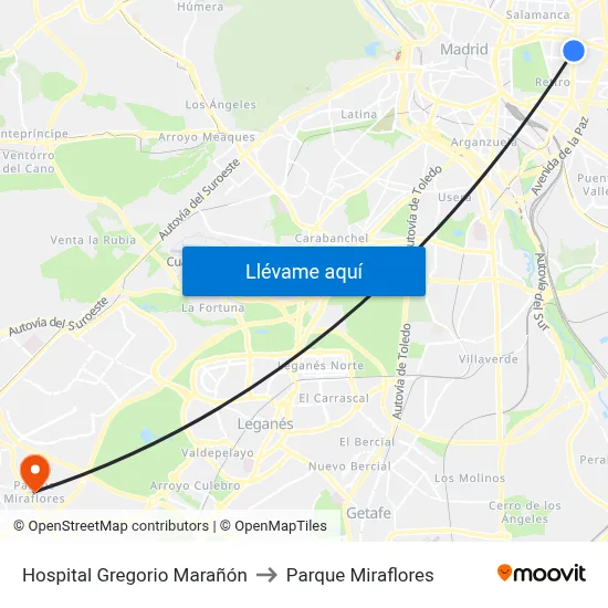 Hospital Gregorio Marañón to Parque Miraflores map