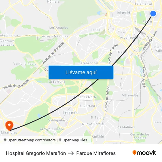 Hospital Gregorio Marañón to Parque Miraflores map