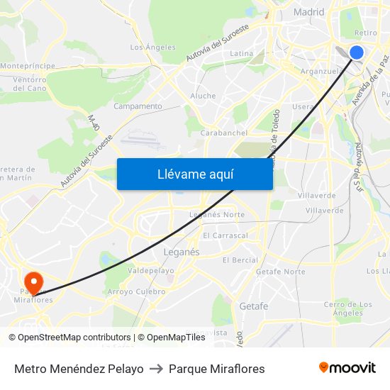 Metro Menéndez Pelayo to Parque Miraflores map