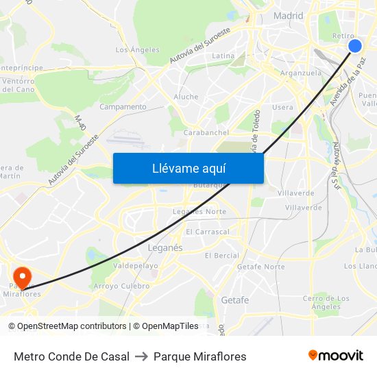 Metro Conde De Casal to Parque Miraflores map