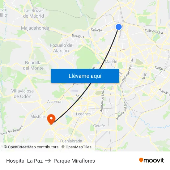 Hospital La Paz to Parque Miraflores map