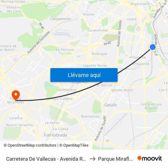 Carretera De Vallecas - Avenida Rosales to Parque Miraflores map