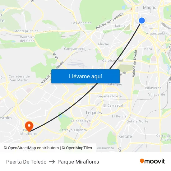 Puerta De Toledo to Parque Miraflores map