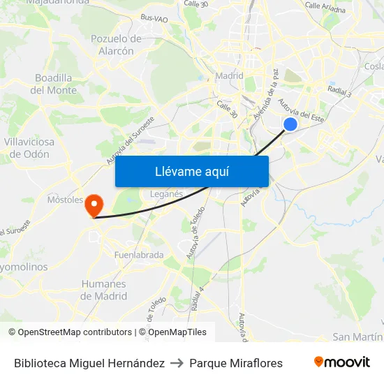 Biblioteca Miguel Hernández to Parque Miraflores map