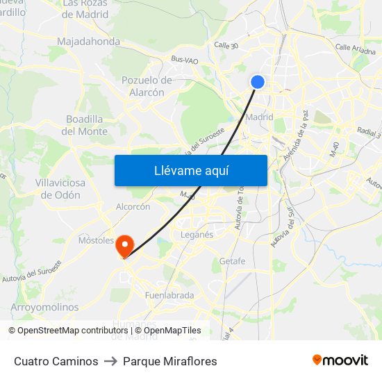 Cuatro Caminos to Parque Miraflores map