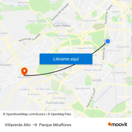 Villaverde Alto to Parque Miraflores map