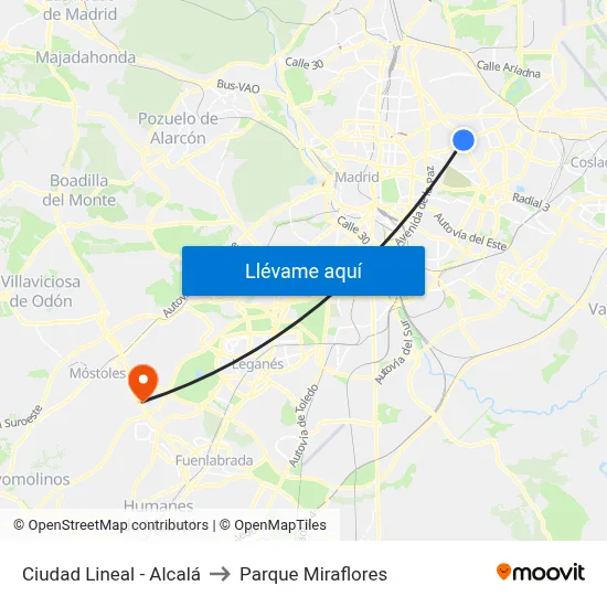 Ciudad Lineal - Alcalá to Parque Miraflores map