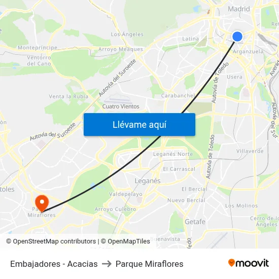 Embajadores - Acacias to Parque Miraflores map