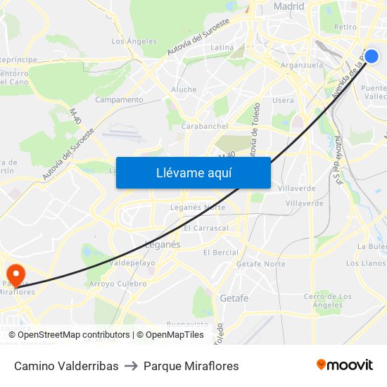 Camino Valderribas to Parque Miraflores map