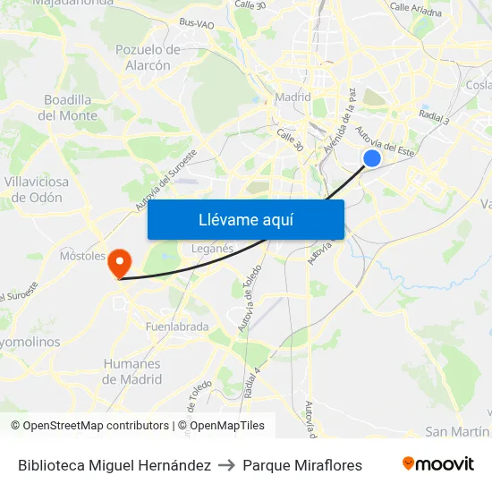 Biblioteca Miguel Hernández to Parque Miraflores map