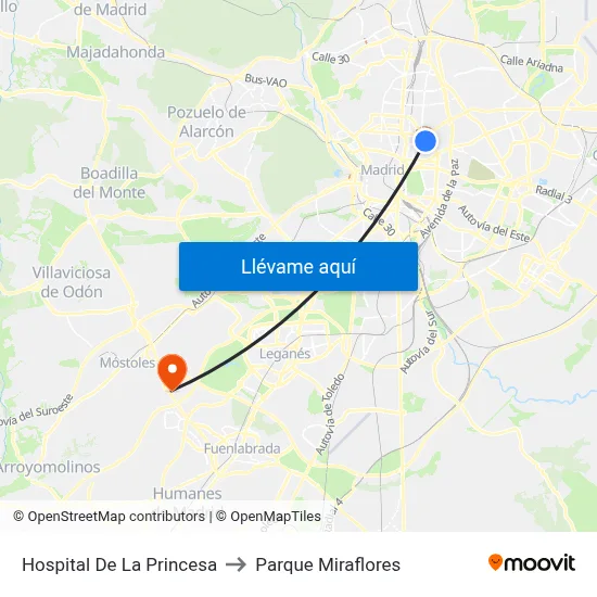 Hospital De La Princesa to Parque Miraflores map
