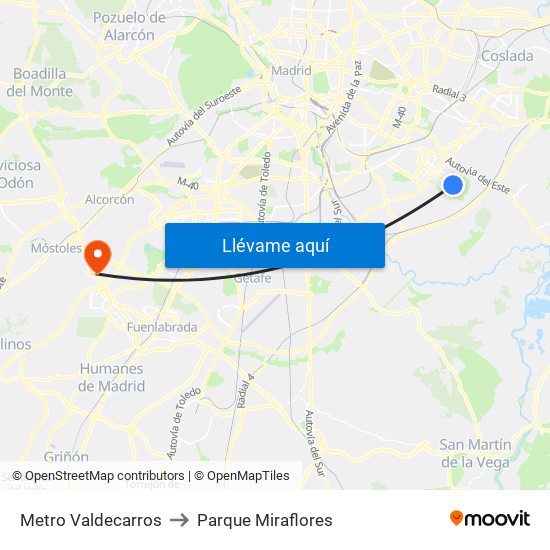 Metro Valdecarros to Parque Miraflores map