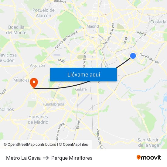 Metro La Gavia to Parque Miraflores map