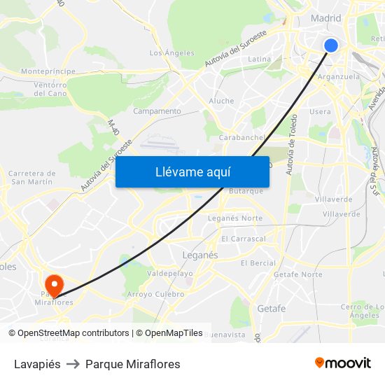 Lavapiés to Parque Miraflores map
