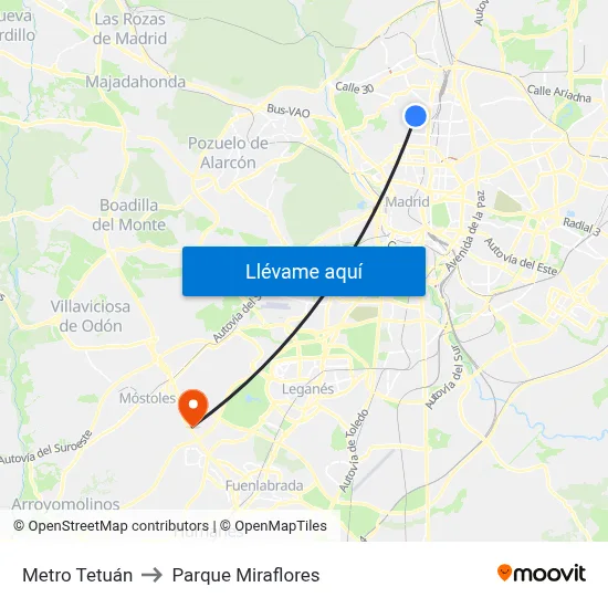 Metro Tetuán to Parque Miraflores map
