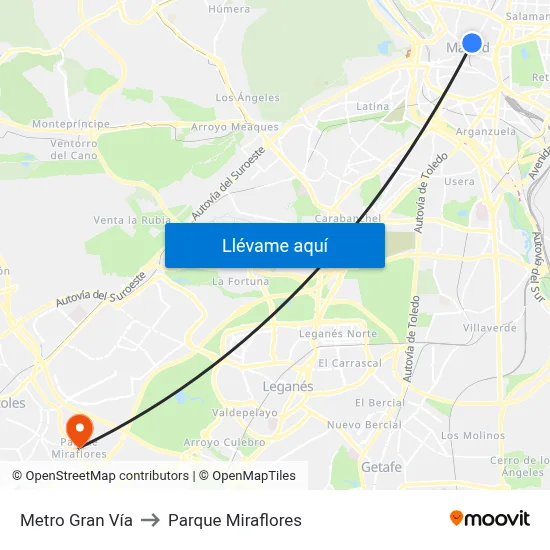 Metro Gran Vía to Parque Miraflores map