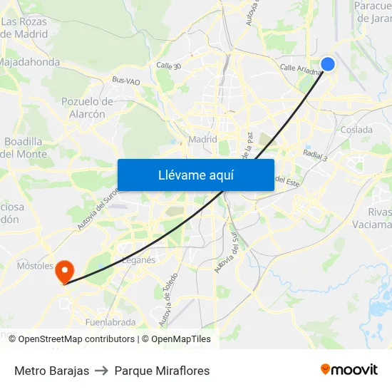 Metro Barajas to Parque Miraflores map