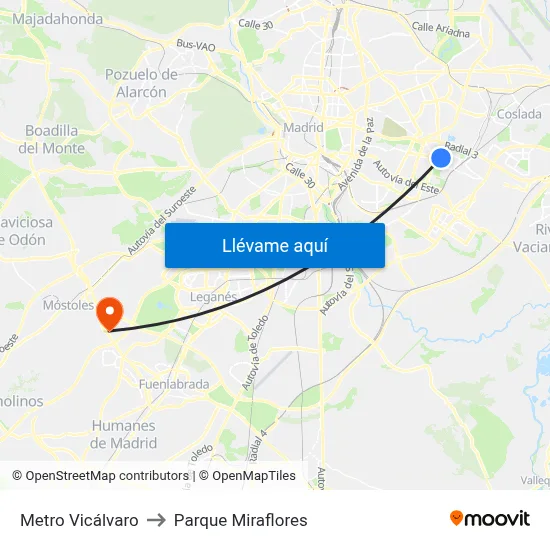 Metro Vicálvaro to Parque Miraflores map