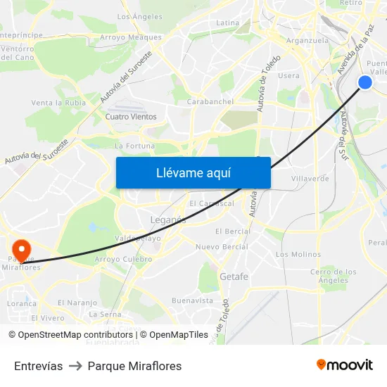 Entrevías to Parque Miraflores map