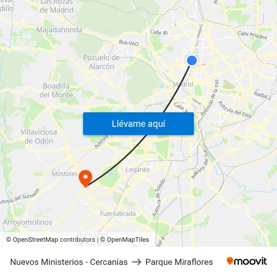 Nuevos Ministerios - Cercanías to Parque Miraflores map