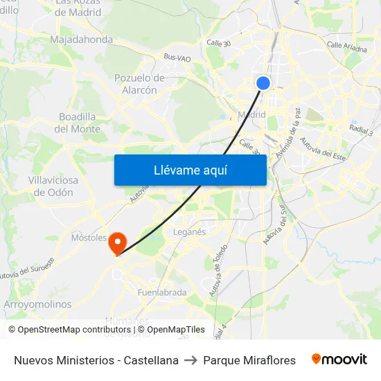 Nuevos Ministerios - Castellana to Parque Miraflores map