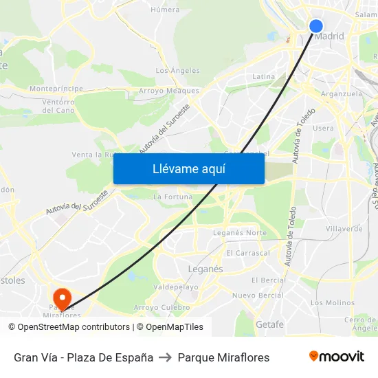 Gran Vía - Plaza De España to Parque Miraflores map