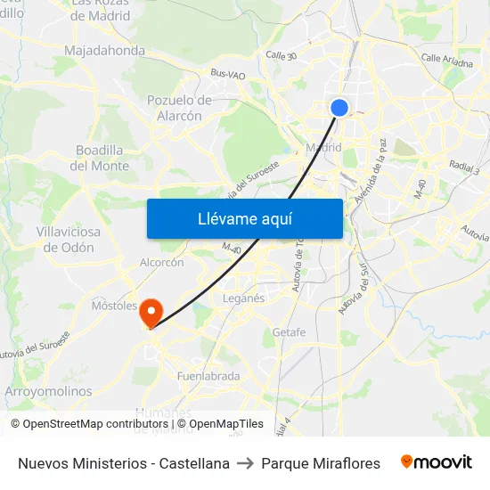 Nuevos Ministerios - Castellana to Parque Miraflores map