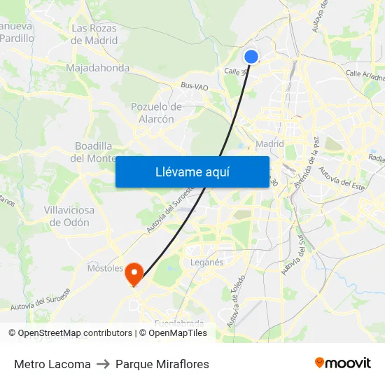 Metro Lacoma to Parque Miraflores map