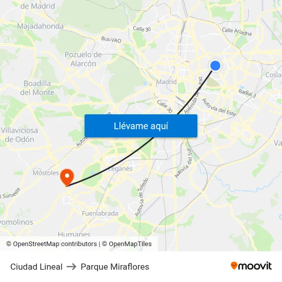 Ciudad Lineal to Parque Miraflores map