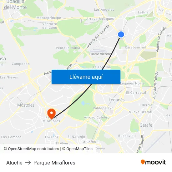 Aluche to Parque Miraflores map