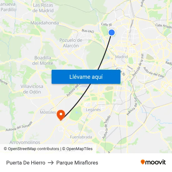 Puerta De Hierro to Parque Miraflores map