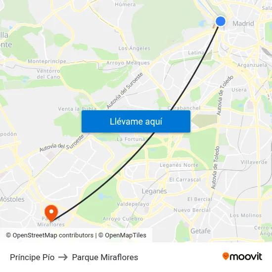 Príncipe Pío to Parque Miraflores map