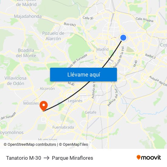 Tanatorio M-30 to Parque Miraflores map