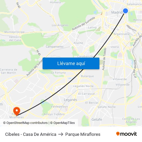 Cibeles - Casa De América to Parque Miraflores map