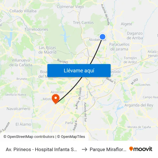 Av. Pirineos - Hospital Infanta Sofía to Parque Miraflores map